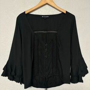 Kivari Black 3/4 Flutter Sleeve Blouse‎ Adjustable Waistband Lace Detail Size S